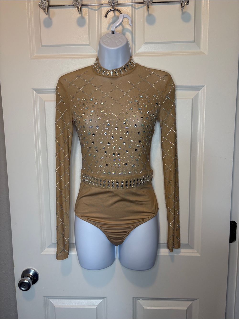 Windsor Rhinestone-Embellished Long Sleeve Bodysuit Sparkles Tan Size Small
